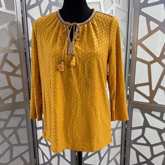 DR2 Tops - DR2 Golden Yellow Textured Blouse with Tassel Accents